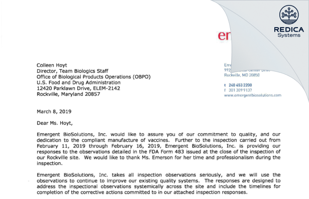 FDA 483 Response - Cangene BioPharma, LLC [Rockville / United States of America] - Download PDF - Redica Systems