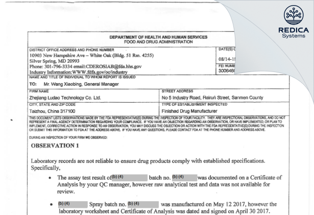 FDA 483 - Taizhou Ludao Cosmetics Co., Ltd. [Taizhou / China] - Download PDF - Redica Systems