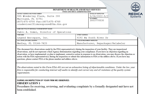FDA 483 - Legend Aerospace, Inc. [Medley / United States of America] - Download PDF - Redica Systems