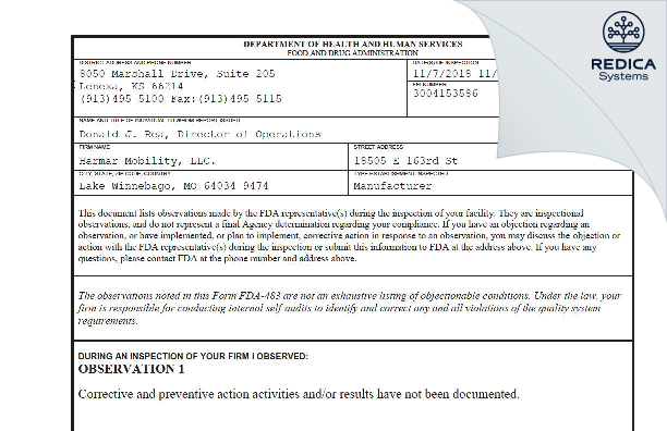 FDA 483 - Harmar Mobility, LLC. [Lake Winnebago / United States of America] - Download PDF - Redica Systems