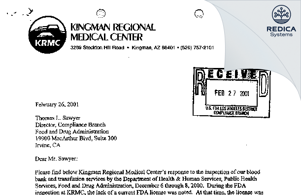FDA 483 Response - Kingman Hospital Inc [Kingman / United States of America] - Download PDF - Redica Systems