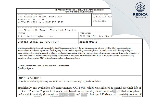FDA 483 - A.I.G. TECHNOLOGIES, INC. [Pompano Beach / United States of America] - Download PDF - Redica Systems