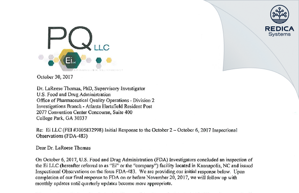 FDA 483 Response - Ei LLC [Kannapolis / United States of America] - Download PDF - Redica Systems