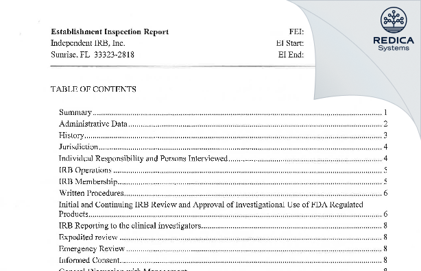EIR - Independent IRB, Inc. [Sunrise / United States of America] - Download PDF - Redica Systems