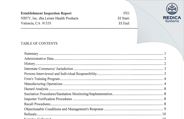 EIR - NBTY, Inc dba Leiner Health Products Inc [Valencia / United States of America] - Download PDF - Redica Systems