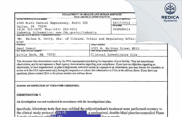 FDA 483 - Saad Usmani [Little Rock / United States of America] - Download PDF - Redica Systems