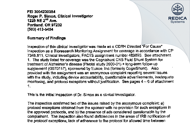 EIR - Roger P. Simon, Clinical Investigator [Portland / United States of America] - Download PDF - Redica Systems