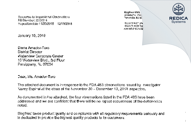 FDA 483 Response - Siegfried USA, LLC [Pennsville / United States of America] - Download PDF - Redica Systems