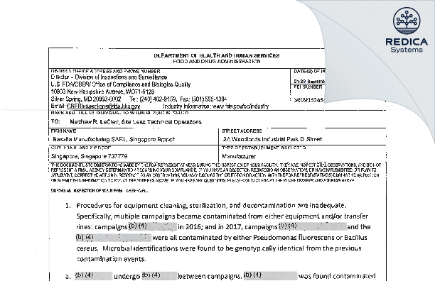 FDA 483 - Takeda Manufacturing Singapore Pte. Ltd. [Singapore / Singapore] - Download PDF - Redica Systems
