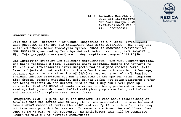 EIR - Michael B. Limberg [San Luis Obispo / United States of America] - Download PDF - Redica Systems