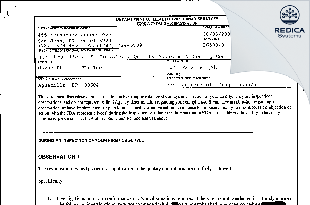 FDA 483 - Mayne Pharma (PR) Inc. [Aguadilla / United States of America] - Download PDF - Redica Systems