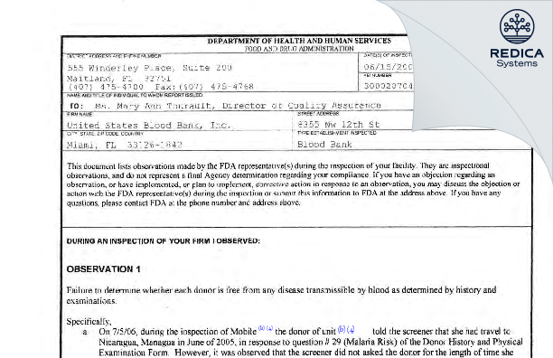 FDA 483 - Innovative Transfusion Medicine, Inc. [Miami Lakes / United States of America] - Download PDF - Redica Systems