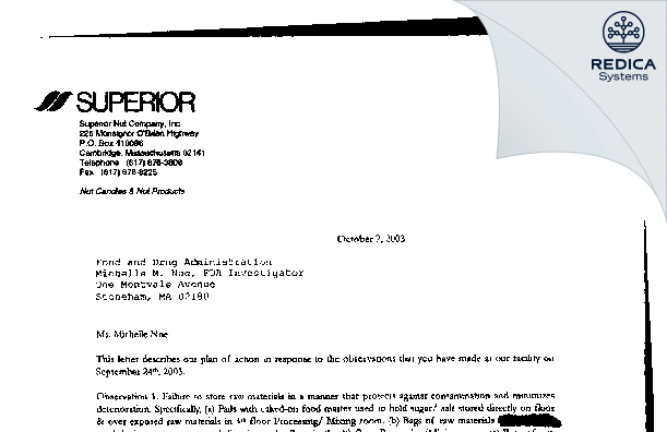 FDA 483 Response - The Superior Nut Company, Inc. [Cambridge / United States of America] - Download PDF - Redica Systems