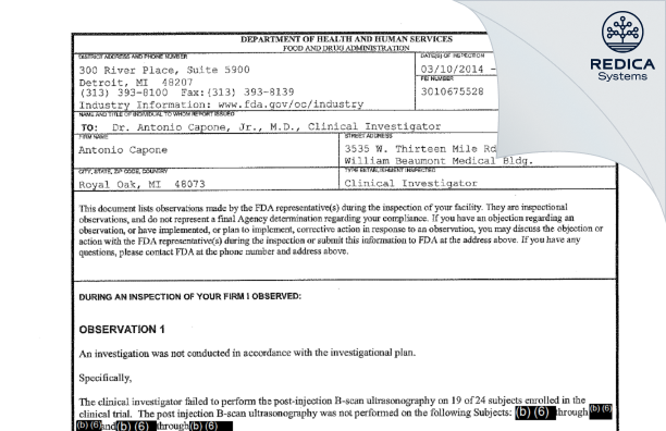 EIR - Antonio Capone [Royal Oak / United States of America] - Download PDF - Redica Systems