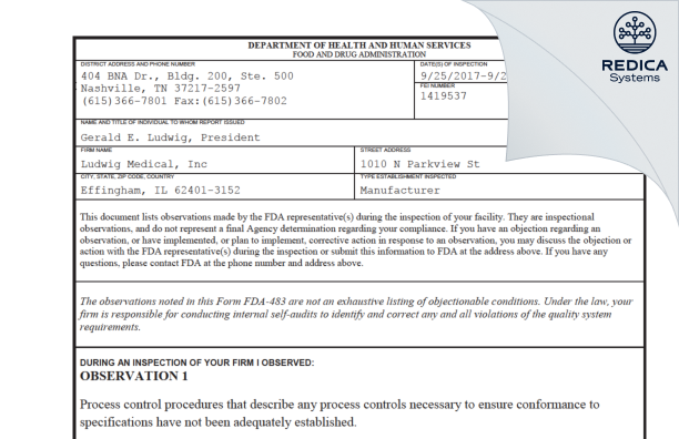 FDA 483 - Ludwig Medical, Inc [Effingham / United States of America] - Download PDF - Redica Systems
