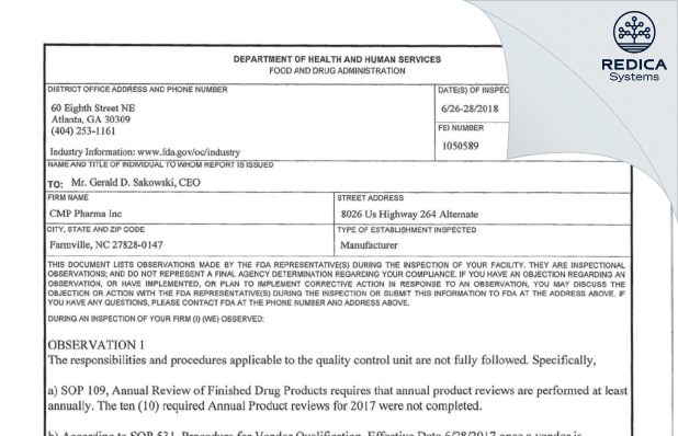 FDA 483 - CMP Pharma, Inc. [Farmville / United States of America] - Download PDF - Redica Systems