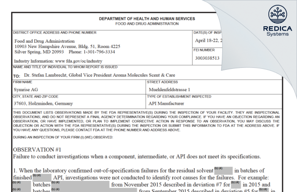 FDA 483 - Symrise AG [Holzminden / Germany] - Download PDF - Redica Systems
