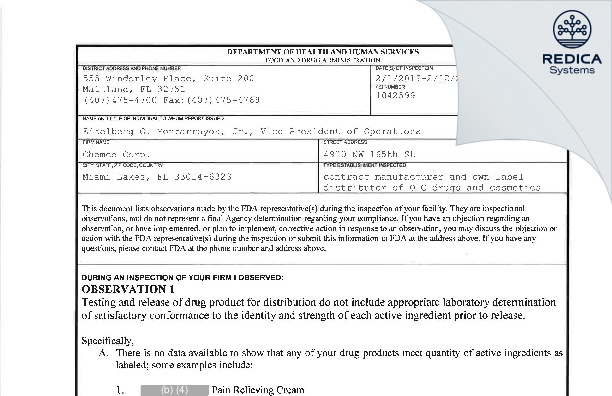 FDA 483 - Chemco Corporation [Florida / United States of America] - Download PDF - Redica Systems