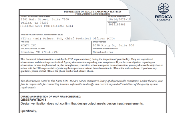 FDA 483 - XCATH INC [Houston / United States of America] - Download PDF - Redica Systems