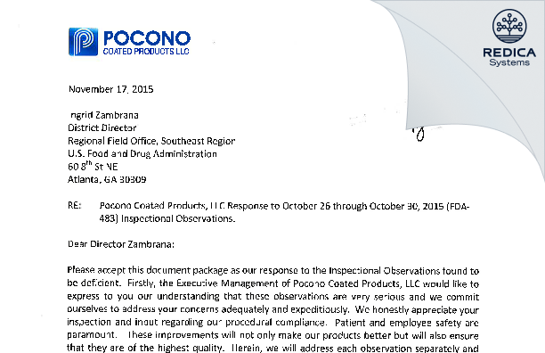 FDA 483 Response - Pocono Coated Products [Cherryville / United States of America] - Download PDF - Redica Systems