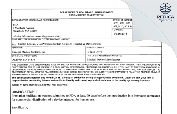 FDA 483 - Draeger Medical Systems, Inc. [Andover / United States of America] - Download PDF - Redica Systems