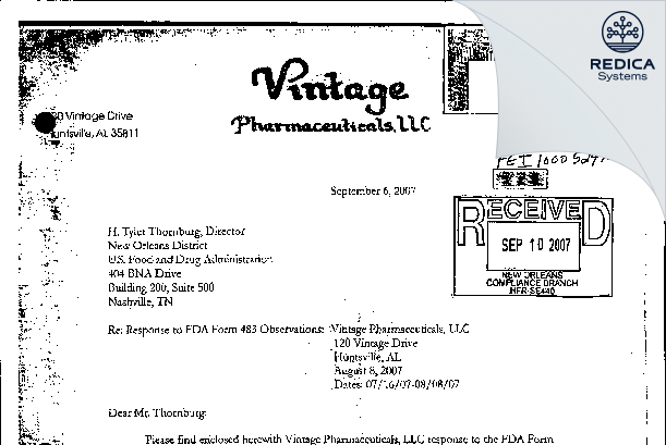 FDA 483 Response - TriRx Huntsville Pharmaceutical Services, LLC [Huntsville / United States of America] - Download PDF - Redica Systems