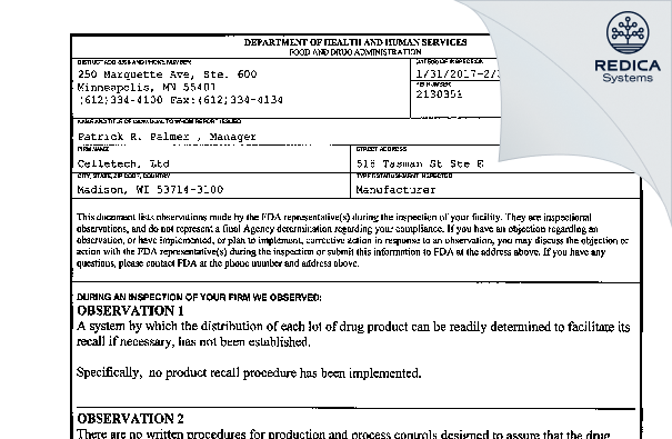 FDA 483 - Celletech, Ltd [Madison / United States of America] - Download PDF - Redica Systems