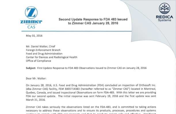 FDA 483 Response - Orthosoft, Inc. dba Zimmer CAS [Montreal / Canada] - Download PDF - Redica Systems
