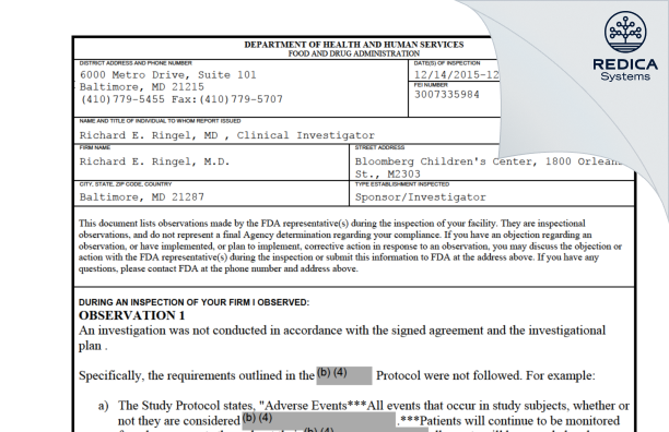 FDA 483 - Richard E. Ringel, M.D. [Baltimore / United States of America] - Download PDF - Redica Systems