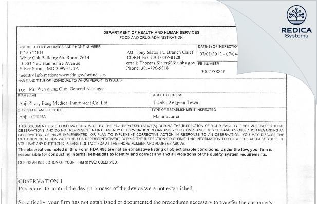 FDA 483 - ANJI ZHENGBANG MEDICAL INSTRUMENT CO, LTD [Tianhuangping Town / China] - Download PDF - Redica Systems
