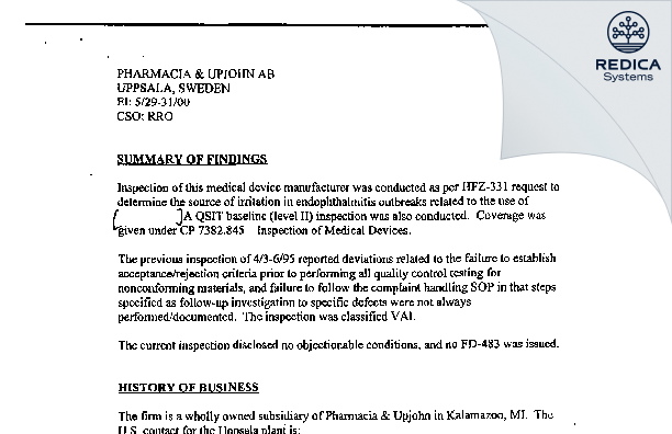 EIR - Pharmacia & Upjohn Company LLC [Kalamazoo / United States of America] - Download PDF - Redica Systems