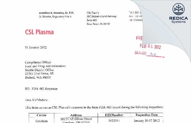 FDA 483 Response - CSL Plasma, Inc. [Portland / United States of America] - Download PDF - Redica Systems