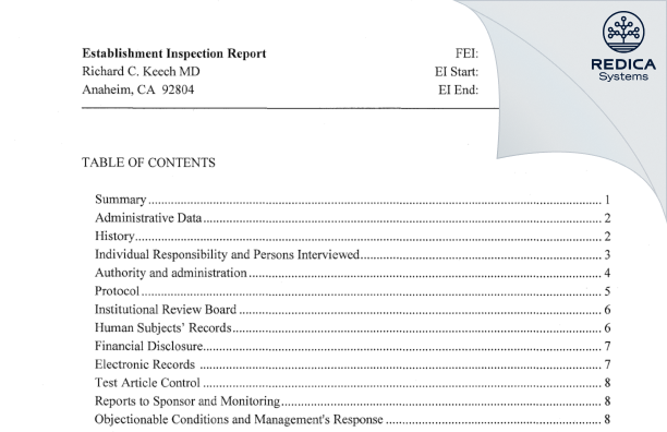 EIR - Richard C. Keech MD [Anaheim / United States of America] - Download PDF - Redica Systems