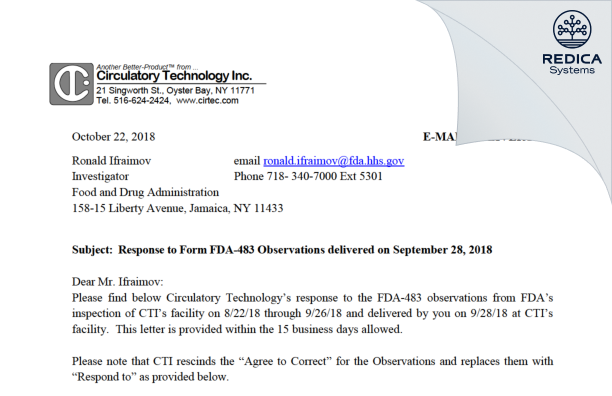 FDA 483 Response - Circulatory Technology Inc. [Oyster Bay / United States of America] - Download PDF - Redica Systems