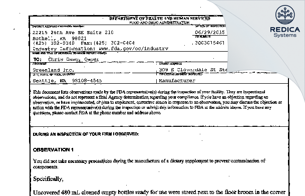 FDA 483 - Greenland Inc. [Seattle / United States of America] - Download PDF - Redica Systems