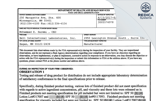 FDA 483 - Bell International Laboratories, Inc [Eagan / United States of America] - Download PDF - Redica Systems