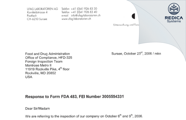FDA 483 Response - UFAG Laboratorien AG [Sursee / Switzerland] - Download PDF - Redica Systems