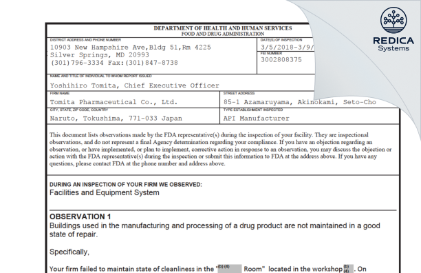 FDA 483 - Tomita Pharmaceutical Co., Ltd. [Tokushima / Japan] - Download PDF - Redica Systems