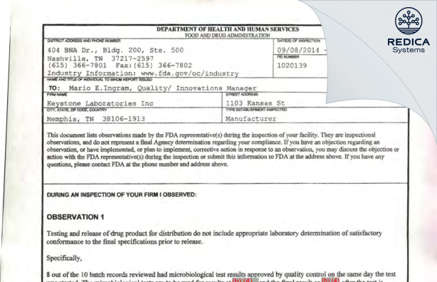 FDA 483 - Keystone Laboratories, Inc. [Memphis / United States of America] - Download PDF - Redica Systems