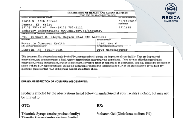 FDA 483 - GSK Consumer Health, Inc. [Lincoln / United States of America] - Download PDF - Redica Systems