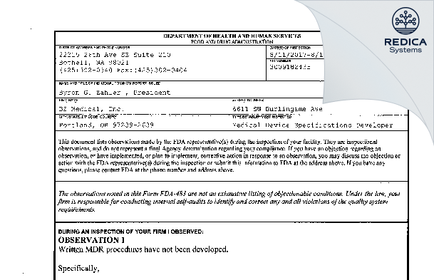 FDA 483 - BZ Medical, Inc. [Portland / United States of America] - Download PDF - Redica Systems