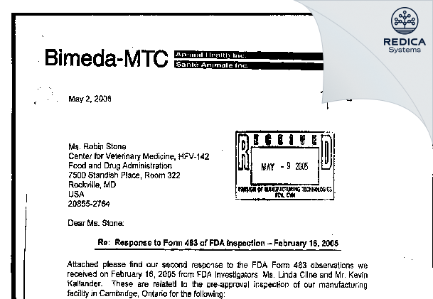 FDA 483 Response - Bimeda-MTC Animal Health [Canada / Canada] - Download PDF - Redica Systems