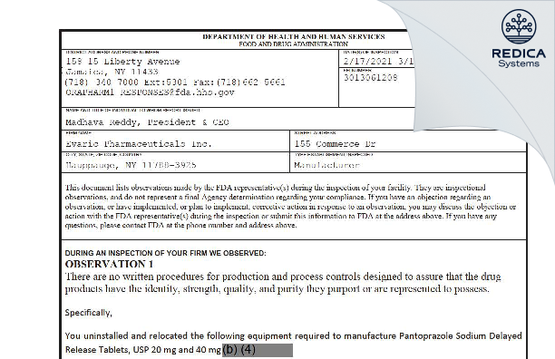 FDA 483 - Evaric Pharmaceuticals Inc [Hauppauge New York / United States of America] - Download PDF - Redica Systems