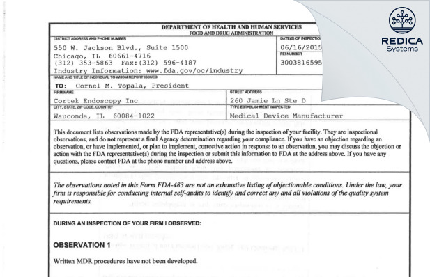FDA 483 - Cortek Endoscopy Inc [Wauconda / United States of America] - Download PDF - Redica Systems