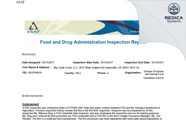 EIR - Big Creek Foods, LLC [Gainesville / United States of America] - Download PDF - Redica Systems