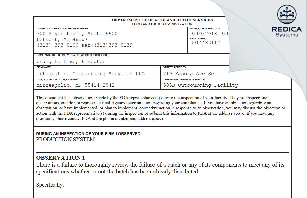 FDA 483 - IntegraDose Compounding Services LLC [Minneapolis / United States of America] - Download PDF - Redica Systems