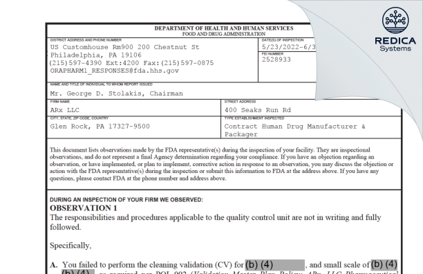 FDA 483 - ARx, LLC [Glen Rock Pennsylvania / United States of America] - Download PDF - Redica Systems