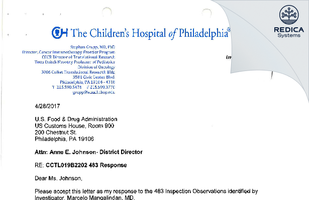 FDA 483 Response - Stephan A. Grupp, M.D., Ph.D. [Philadelphia / United States of America] - Download PDF - Redica Systems