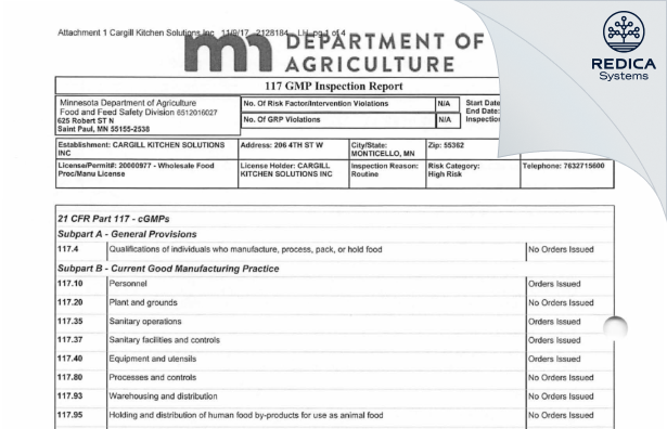FDA 483 - Cargill Kitchen Solutions, Inc [Monticello / United States of America] - Download PDF - Redica Systems