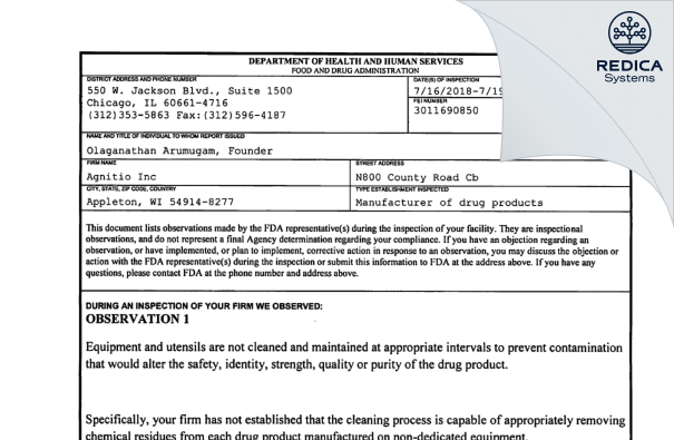 FDA 483 - Agnitio Inc. [Appleton / United States of America] - Download PDF - Redica Systems